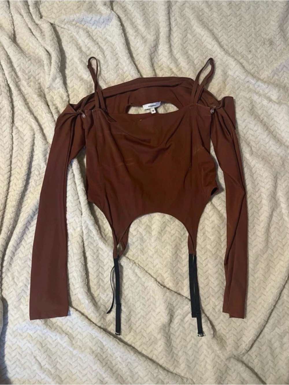 Miaou Chestnut Brown Cold-Shoulder Bodysuit with Garter Straps